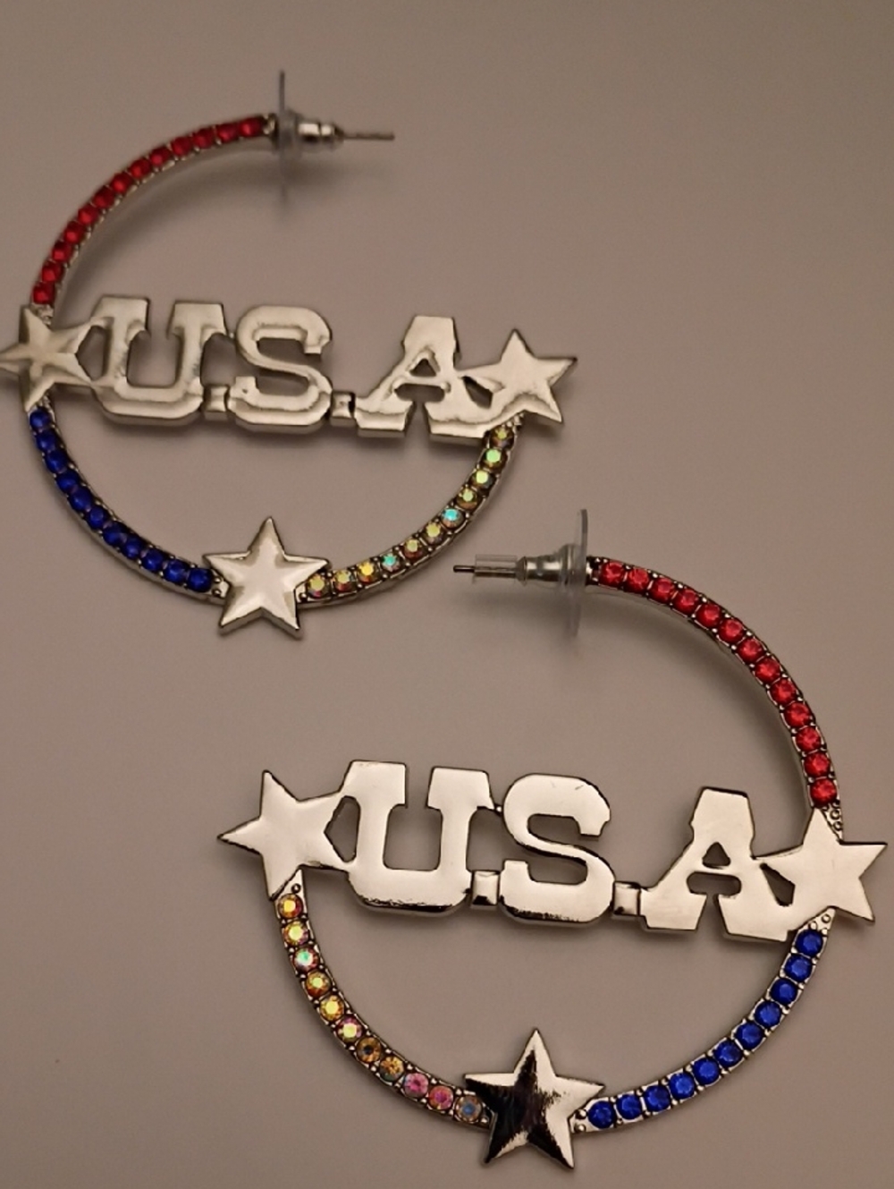 Patriotic USA Hoop Earrings with Red, Blue & Multicolor Stones